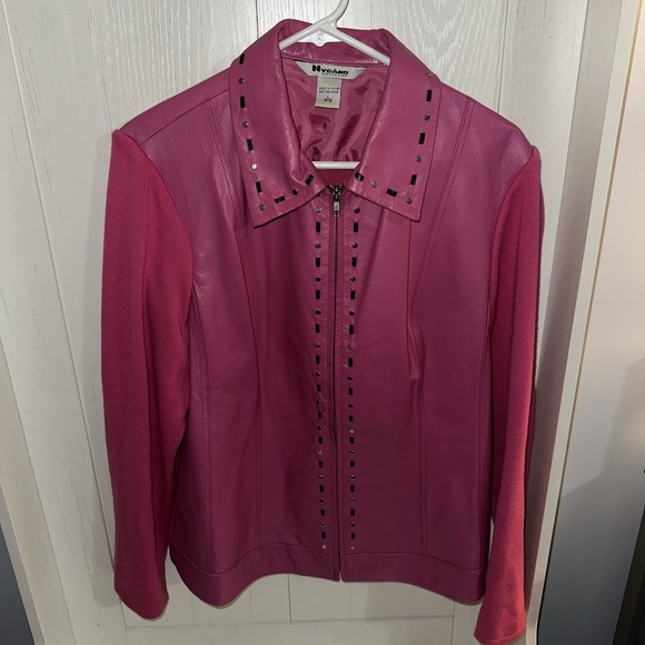 Nygard Collection Vibrant Pink Leather Jacket Sweater Knit Size L 12-14 Vintage - Picture 2 of 6